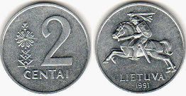 монета Литва 2 цента 1991