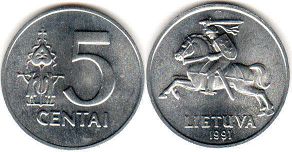 монета Литва 5 центов 1991