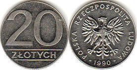 монета Польша 20 злотых 1990
