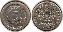 монета Польша 50 грошей 1992