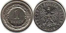 монета Польша 1 злотый 2009