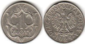 монета Польша 1 злотый 1929