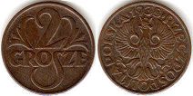 монета Польша 2 гроша 1938