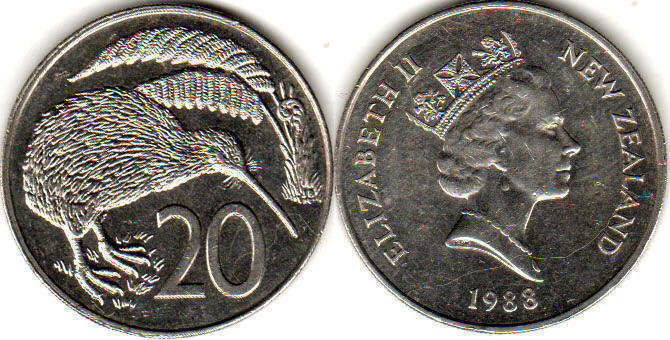 монета Новая Зеландия 20 центов 1988