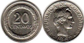 монета Колумбия 20 сентаво 1967