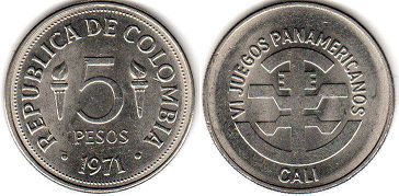 монета Колумбия 5 песо 1971