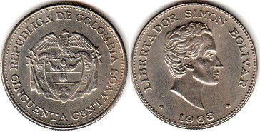 монета Колумбия 50 сентаво 1963