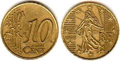 монета Франция 10 евро центов 1999