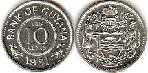 монета Гайана 10 центов 1991