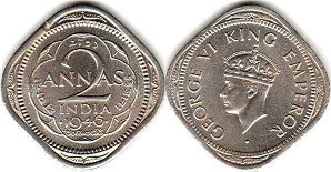 монета Британская Индия 2 анны 1946
