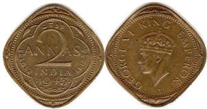 монета Британская Индия 2 анны 1943