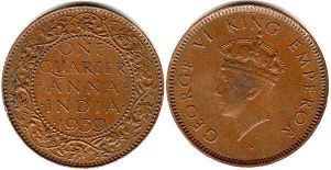 монета Британская Индия 1/4 анны 1939