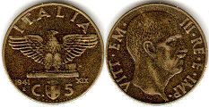 монета Италия 5 чентизими 1941