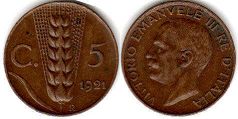 монета Италия 5 чентизими 1921