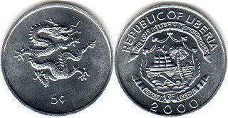 монета Либерия 5 центов 2000