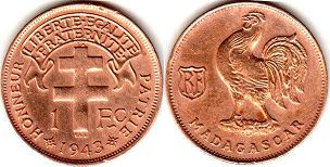 монета Мадагаскар 1 франк 1943