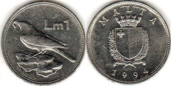 монета Мальта 1 лира 1994