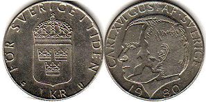 монета Швеция 1 крона 1980