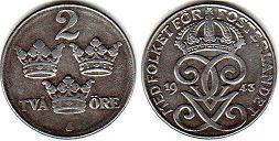 монета Швеция 2 эре 1943