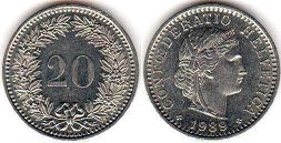 монета Швейцария 20 раппенов 1989