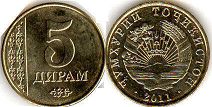 монета Таджикистан 5 дирам 2011