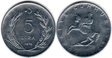 монета Турция 5 лир 1976