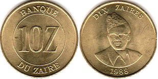 монета Заир 10 заиров 1988