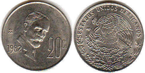 Мексика монета 20 сентаво 1982