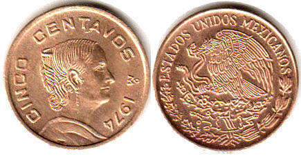 Мексика монета 5 сентаво 1974