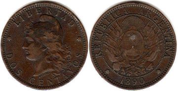монета Аргентина 2 сентаво 1890