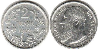 монета Бельгия 2 франка 1909