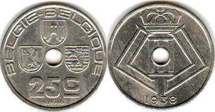 монета Бельгия 25 сантимов 1938