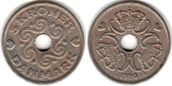 монета Дания 5 крон 1990