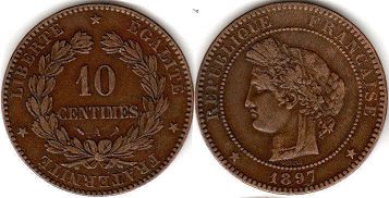 монета Франция 10 сантимов 1897
