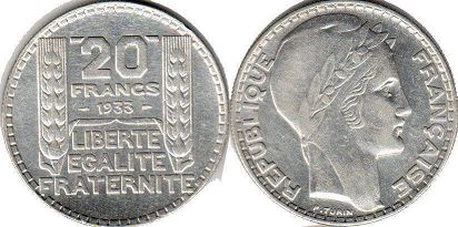 монета Франция 20 франков 1933