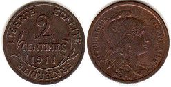 монета Франция 2 сантима 1911