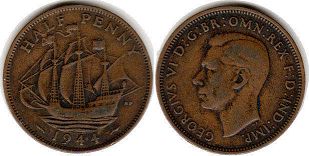 монета Великобритания 1/2 пенни 1944