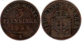 монета Пруссия 3 пфеннига 1852