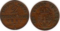 монета Пруссия 2 пфеннига 1865