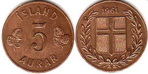 монета Исландия 5 аурар 1961