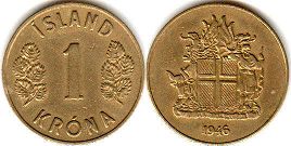 монета Исландия 1 крона 1946