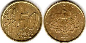 монета Италия 50 евро центов 2002