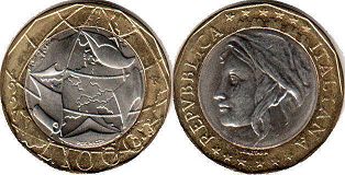 монета Италия 1000 лир 1997 