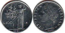 монета Италия 100 лир 1991