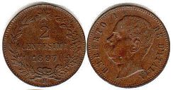 монета Италия 2 чентизими 1897