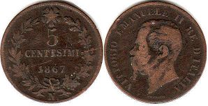 монета Италия 5 чентизими 1867