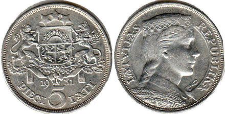 монета Латвия 5 лат 1931