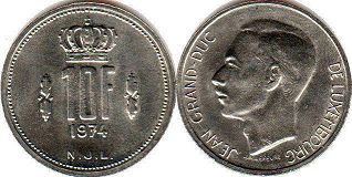 монета Люксембург 10 франков 1974