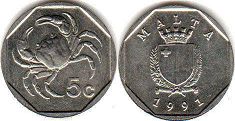 монета Мальта 5 центов 1991