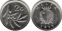 монета Мальта 2 цента 1995
